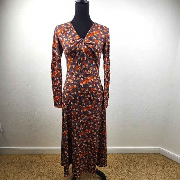 SHEIN Dresses & Skirts - Retro 70's Brown Orange Floral Long Sleeve Prairie Midi Dress Women's Size 2, XS